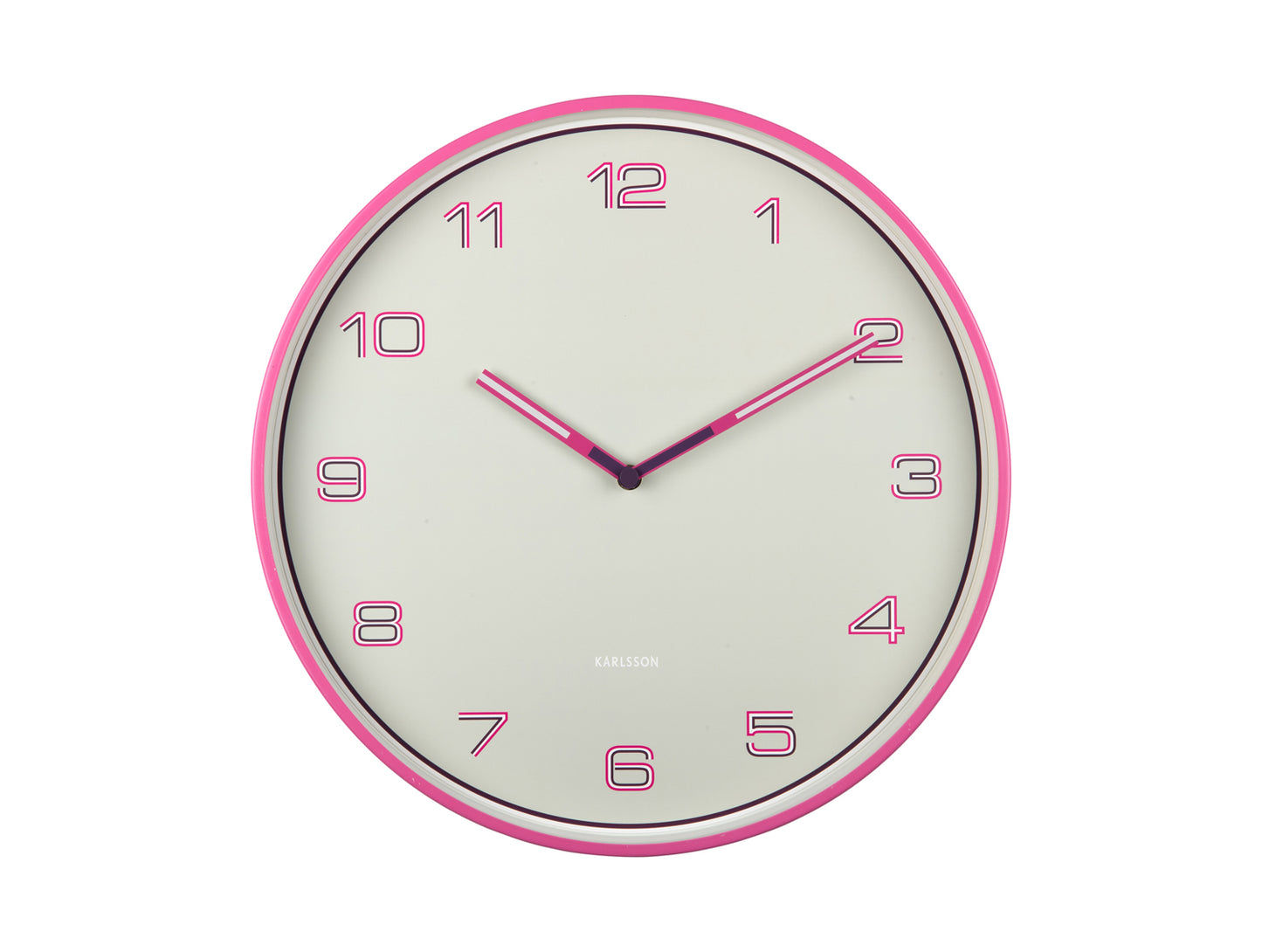 Enkel väggklocka med beige urtavla, rosa ram, siffror och visare