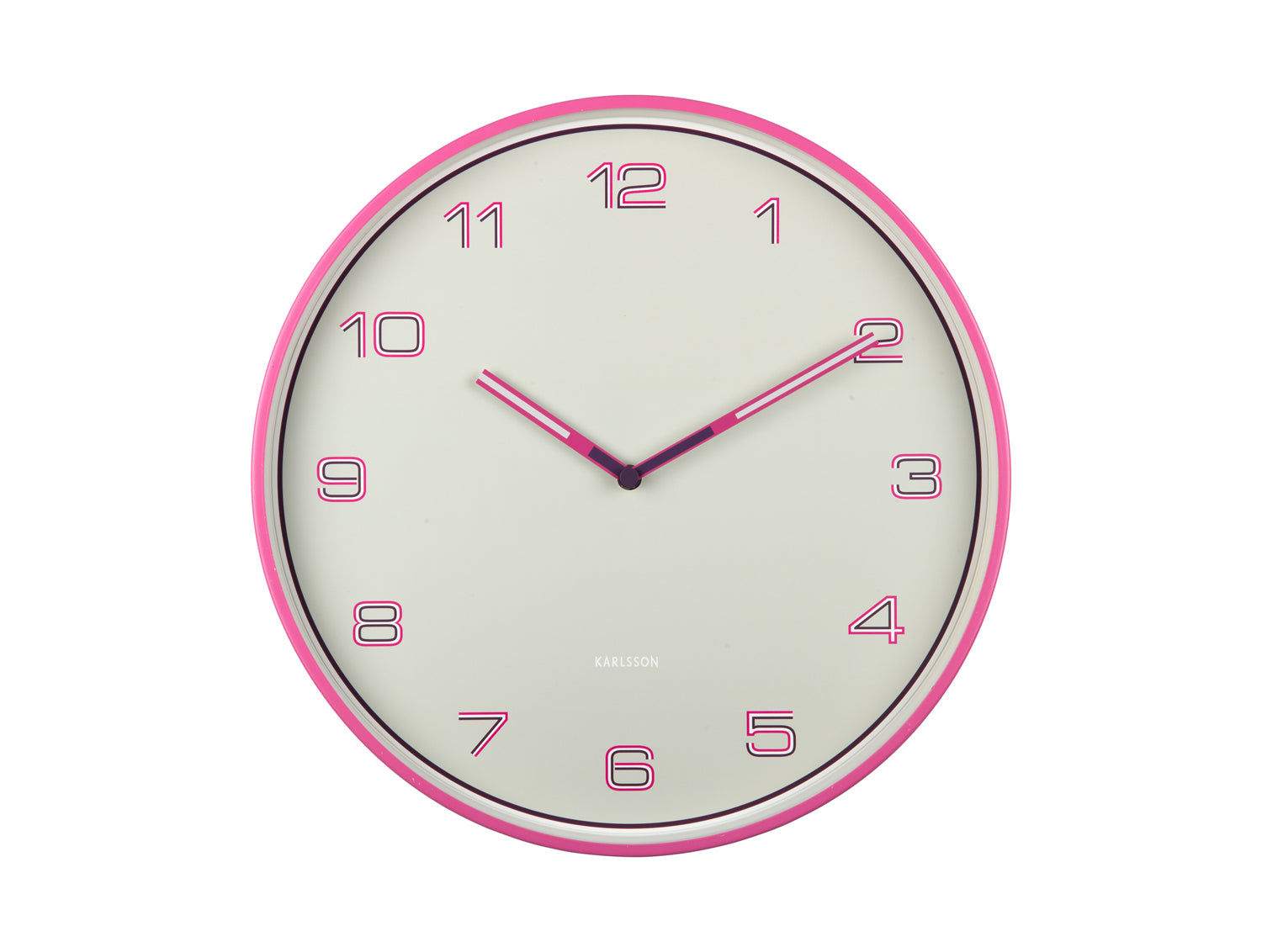Enkel väggklocka med beige urtavla, rosa ram, siffror och visare