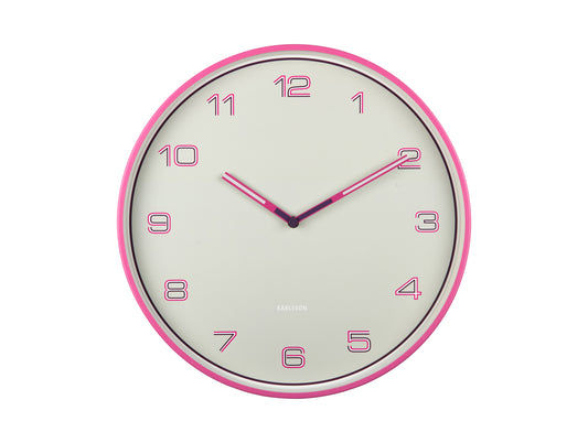 Enkel väggklocka med beige urtavla, rosa ram, siffror och visare