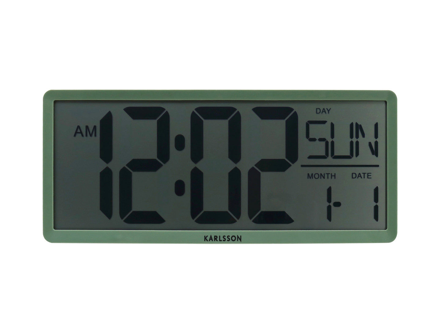 Digital LCD-väggklocka djungelgrön med AM/PM, veckodag, månad och datum