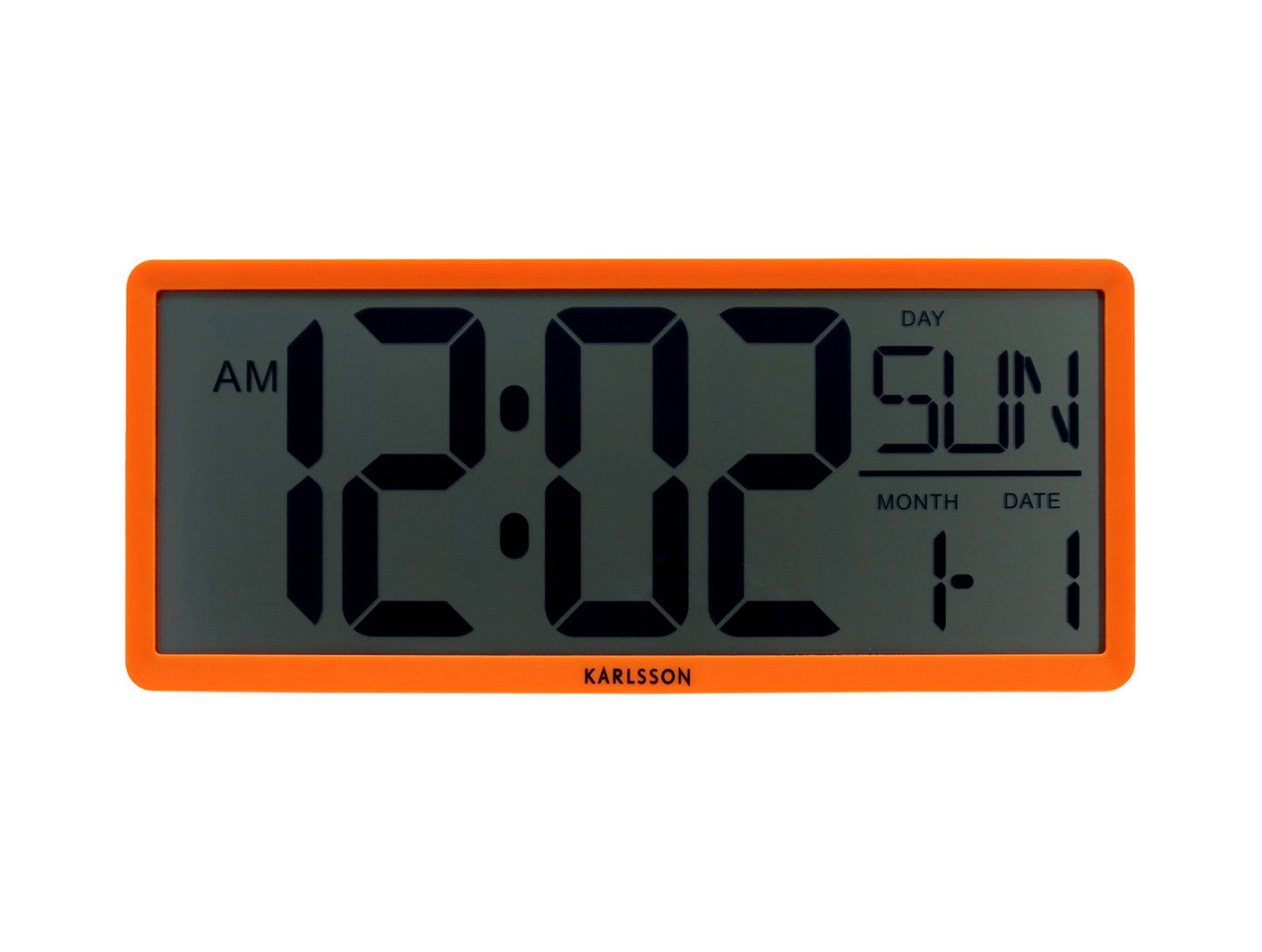 Retro LCD-väggklocka i neonorange med digital display, AM, tid och datum