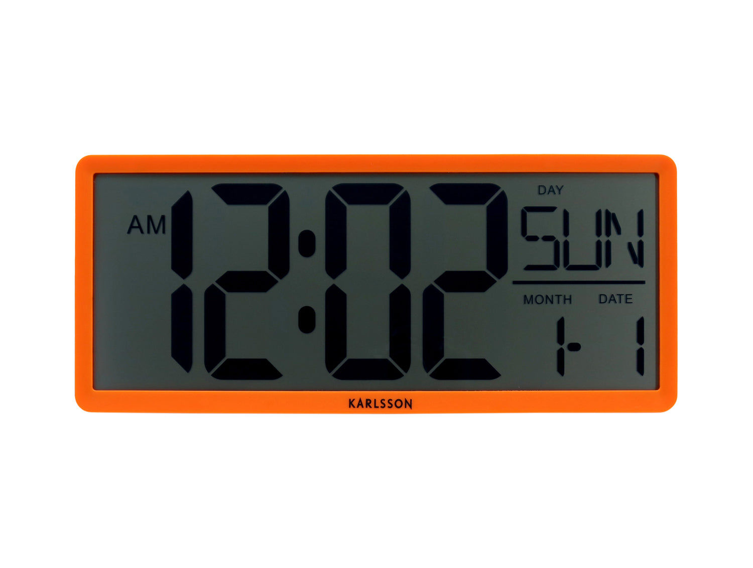 Retro LCD-väggklocka i neonorange med digital display, AM, tid och datum