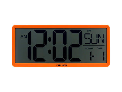 Retro LCD-väggklocka i neonorange med digital display, AM, tid och datum