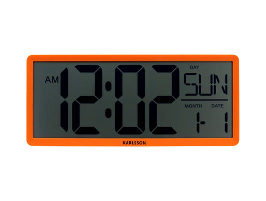 Retro LCD-väggklocka i neonorange med digital display, AM, tid och datum