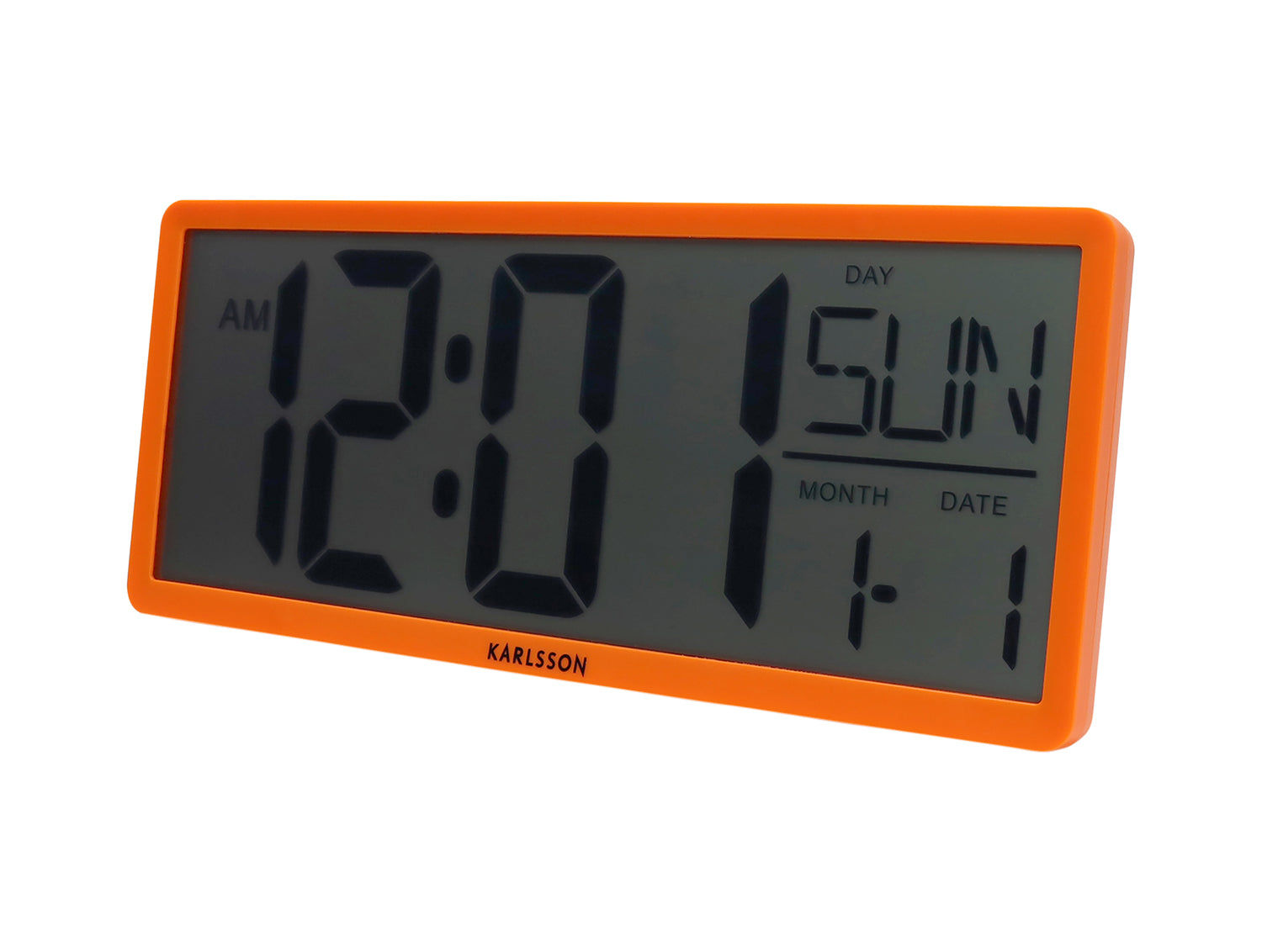 Digital LCD-väggklocka i neonorange med AM-visning, tid och datum