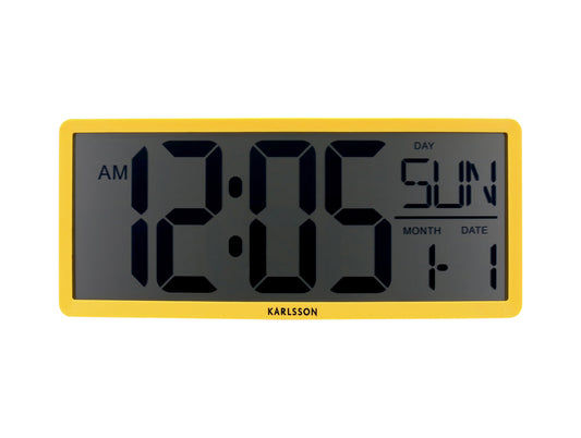 Retro LCD-väggklocka i ljusgult hölje med stor digital display
