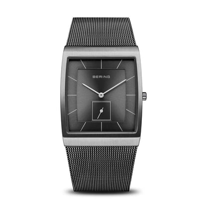 Bering Herrenuhr mit grauem Milanaise-Armband und dunkelgrauem Zifferblatt, rechteckige Lünette