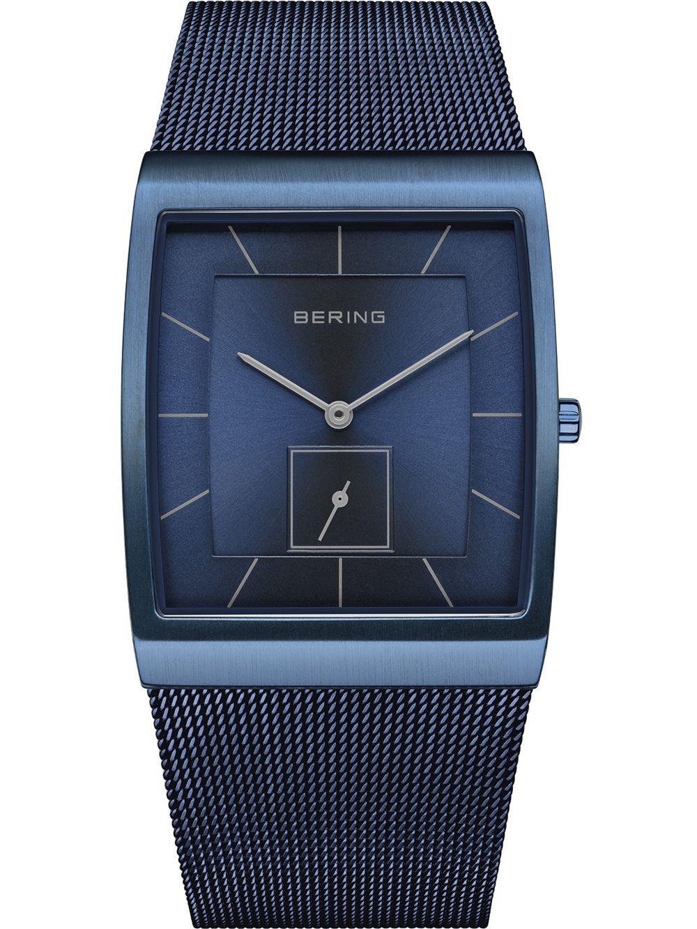 Blaue Herrenarmbanduhr mit rechteckigem Zifferblatt und blauem Meshband
