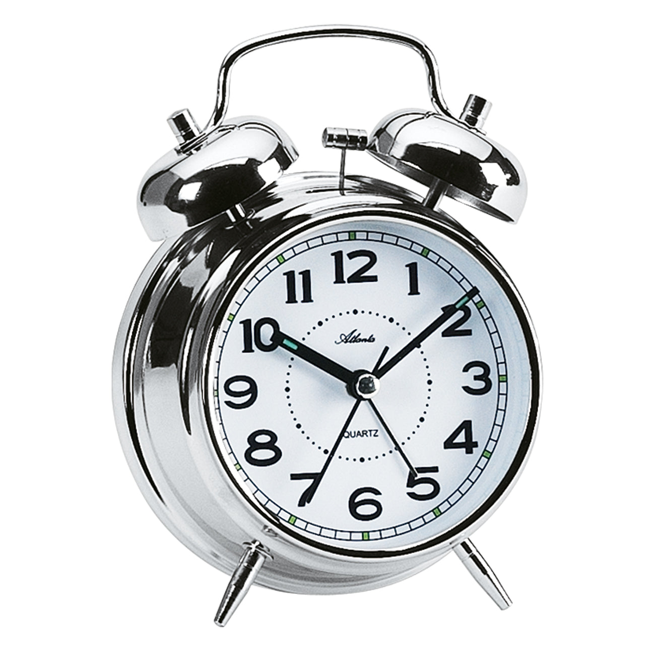 Silverfärgad väckarklocka med klockaufsats, analog urtavla och kvartsurverk.