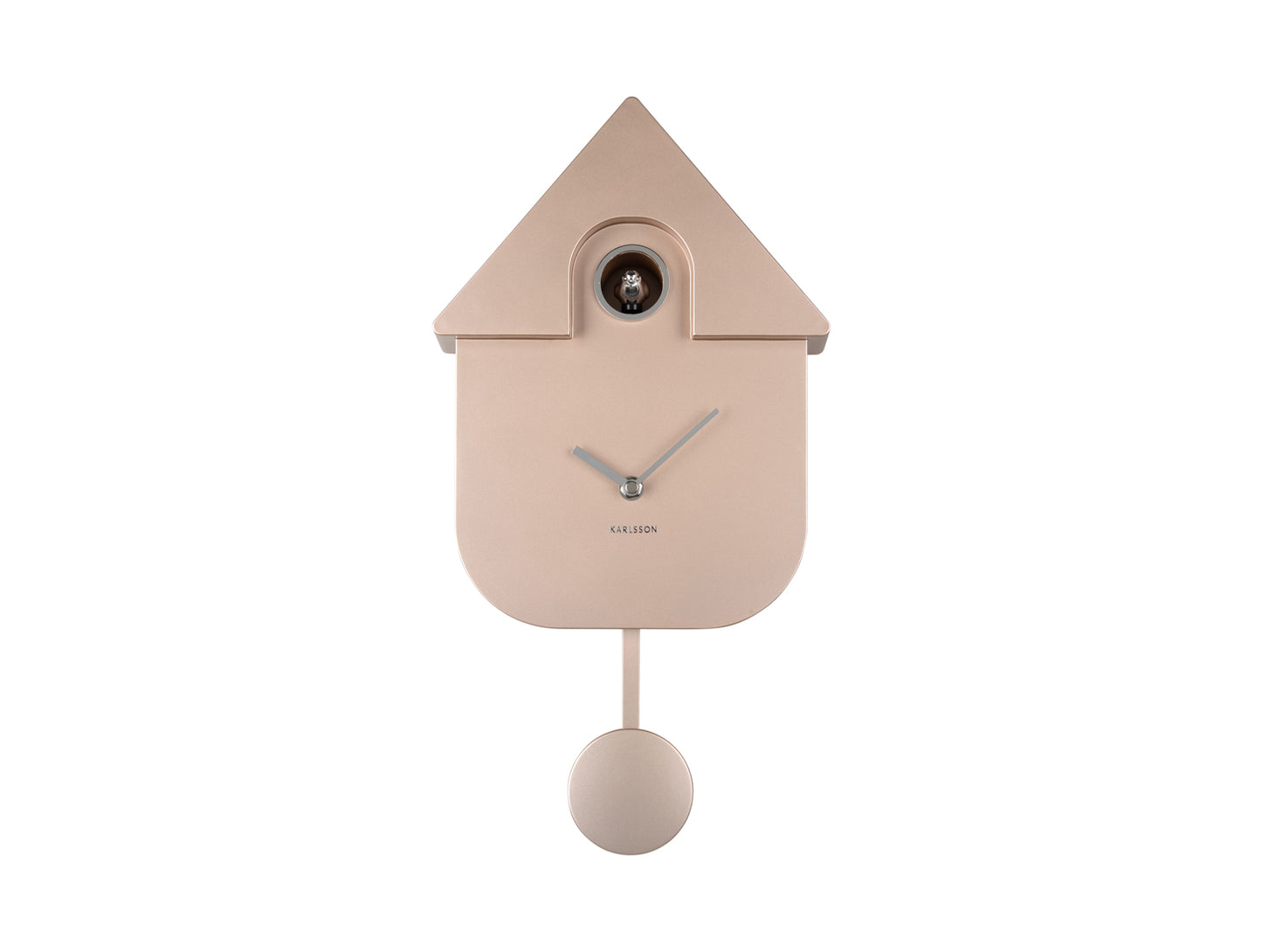 Väggklocka i husdesign, roséguld, med runt frontfönster och pendel
