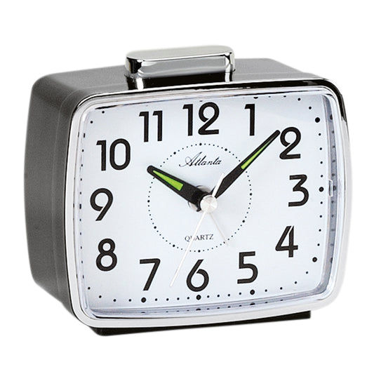 Analog väckarklocka med kvartsurverk, svart boett och gröna visare