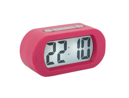 Digital väckarklocka med rosa silikonskal och LCD-display