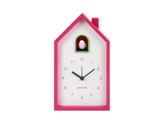 Gökur i husdesign, rosa kant, vit urtavla med visare