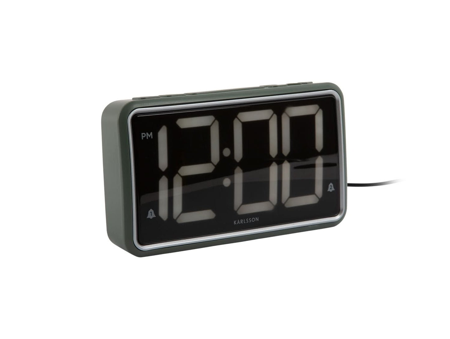 Retro-väckarklocka i djungelgrönt med digital LED-display och tidsvisning