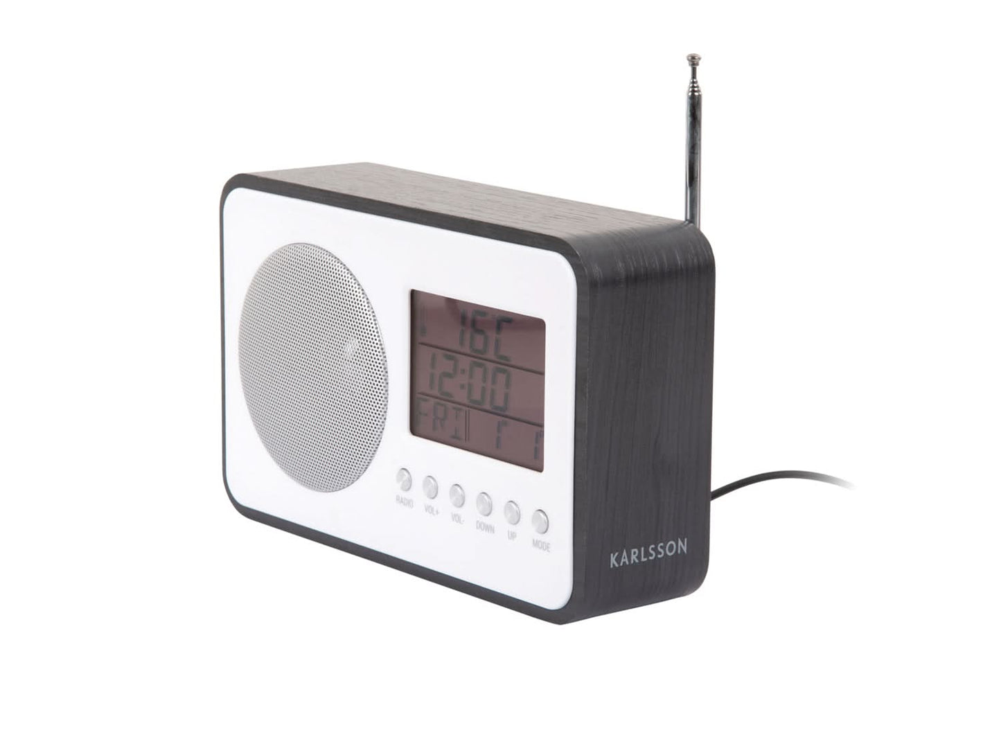 Svart FM-väckarklockradio med antenn och digital display