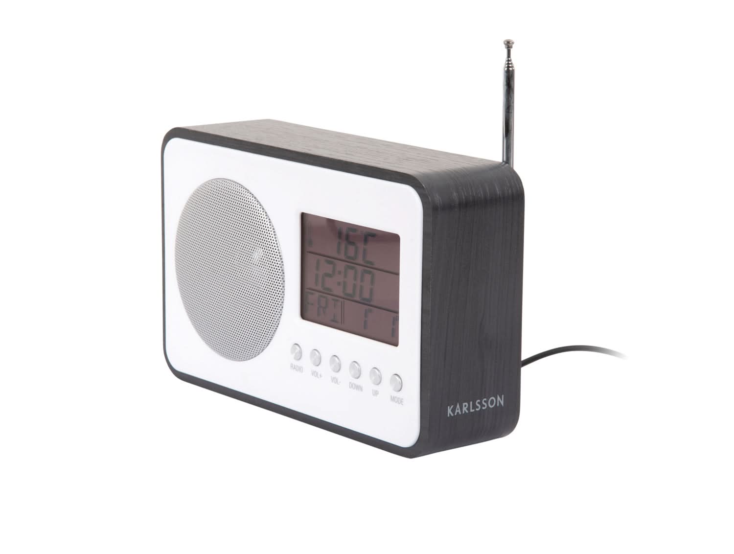 Svart FM-väckarklockradio med antenn och digital display