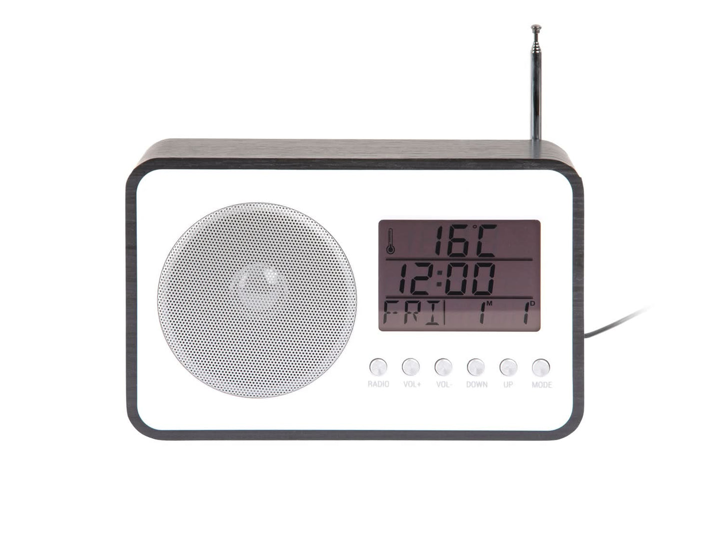 Svart FM-väckarklocka med rund högtalare och digital display