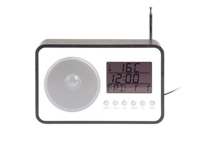 Svart FM-väckarklocka med rund högtalare och digital display