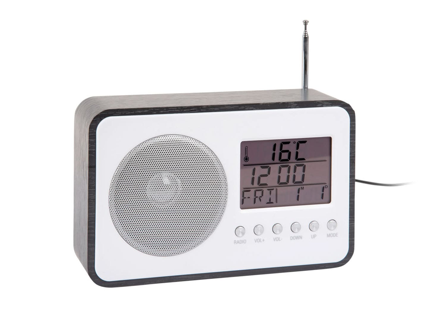 Svart FM-väckarklocka med digital display för tid, datum och temperatur