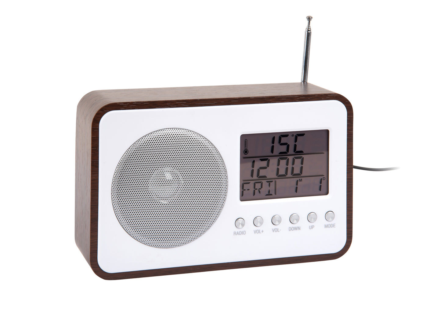 Karlsson Digital-väckarklocka med FM-radio, mörkt träfärgad front, display och högtalare