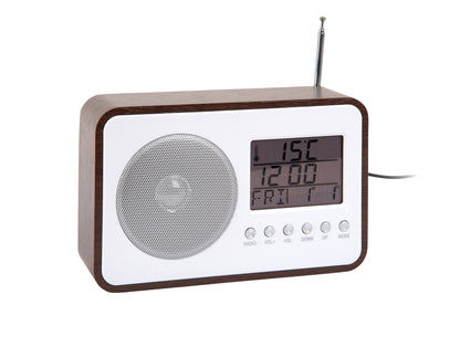 Karlsson Digital-väckarklocka med FM-radio, mörkt träfärgad front, display och högtalare