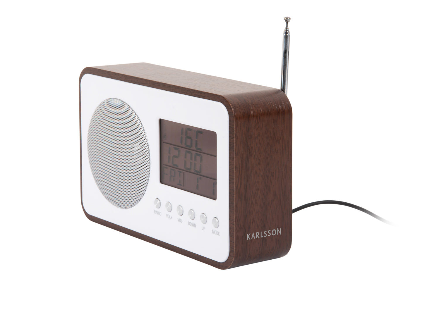 Karlsson FM-väckarklockradio med teleskopantenn, träutseende, display och högtalare