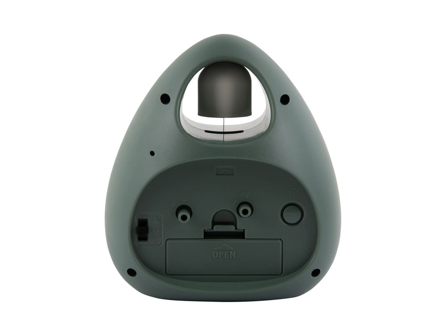 Vy på baksidan av en analog väckarklocka i djungelgrönt med batteri-/fack för inställningar