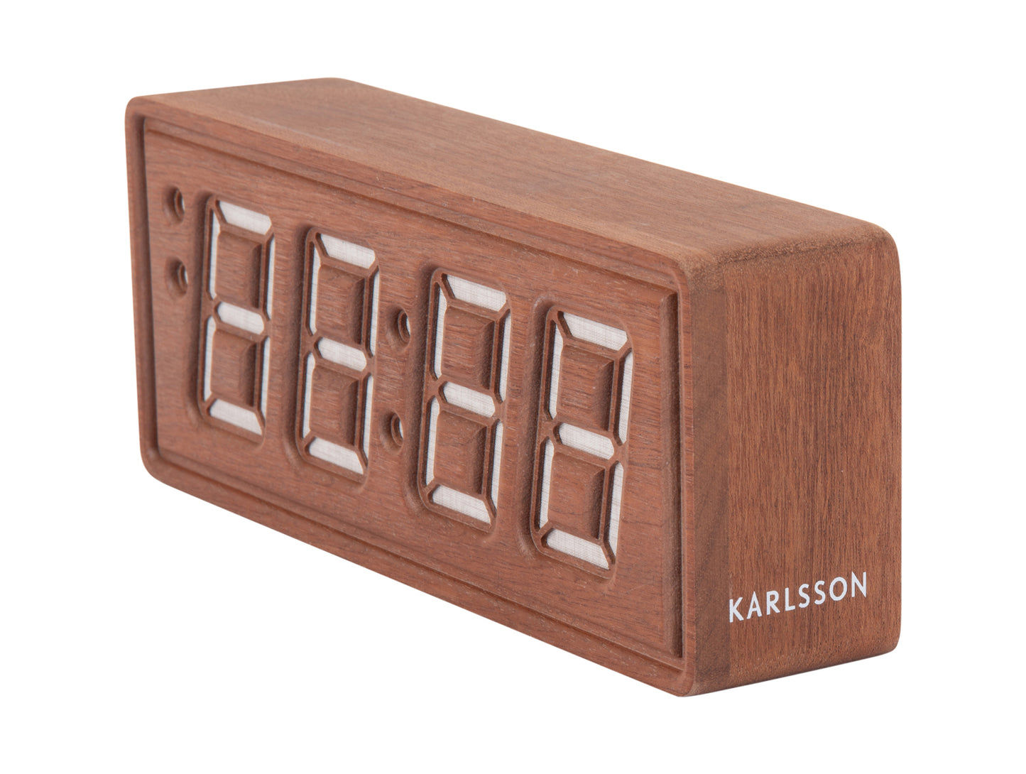 Holzväckare, sidovy med LED-display och texten KARLSSON på höljet