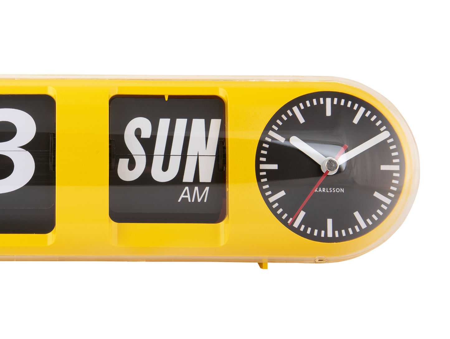 Gul väggklocka närbild: vändbara siffror med sol och analog tid