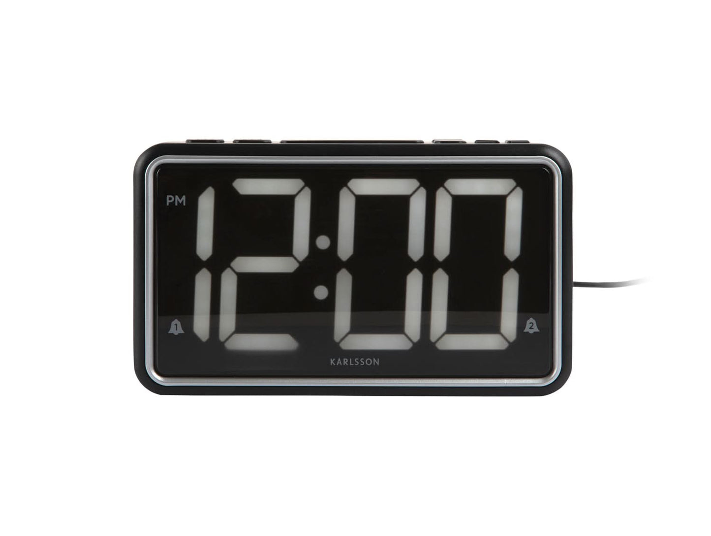 Digital LED-väckarklocka med stor LED-sifferdisplay, svart hölje, frontvy
