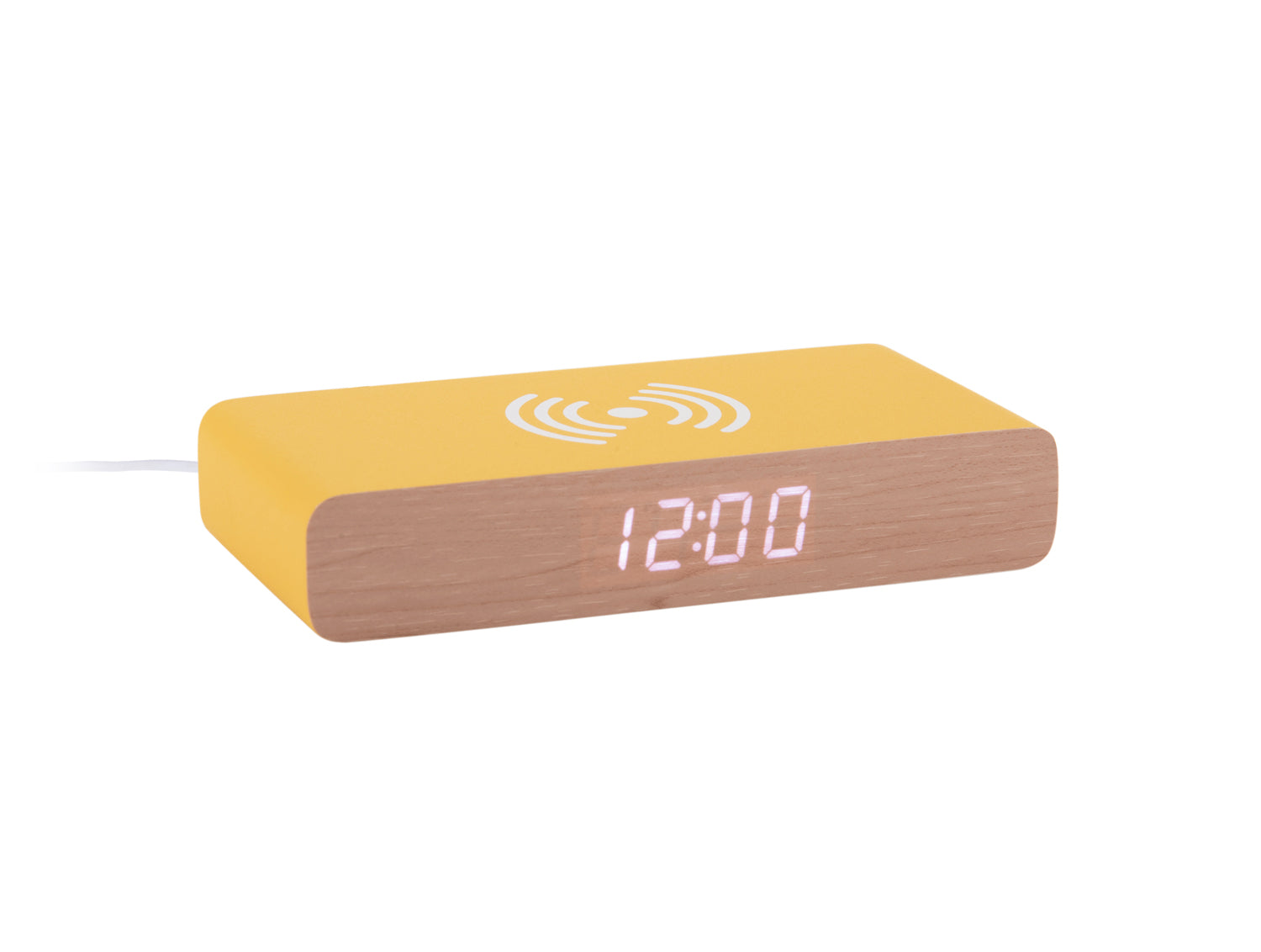 Retro LED-väckarklocka med ljusgul ovansida, träkabinett och display 12:00