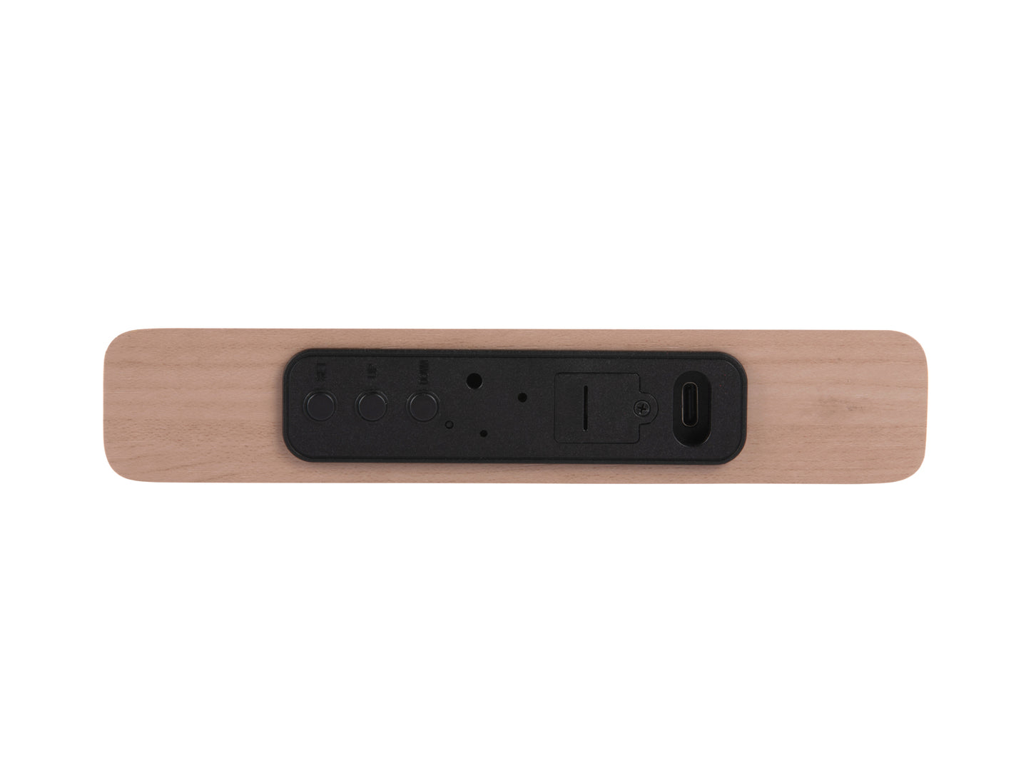 Platt LED-väckarklocka, grått hölje med träfront och USB-laddningsportar