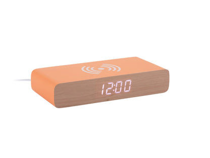 Retro LED-väckarklocka med ljusorange hölje, träfront och digital display 12:00