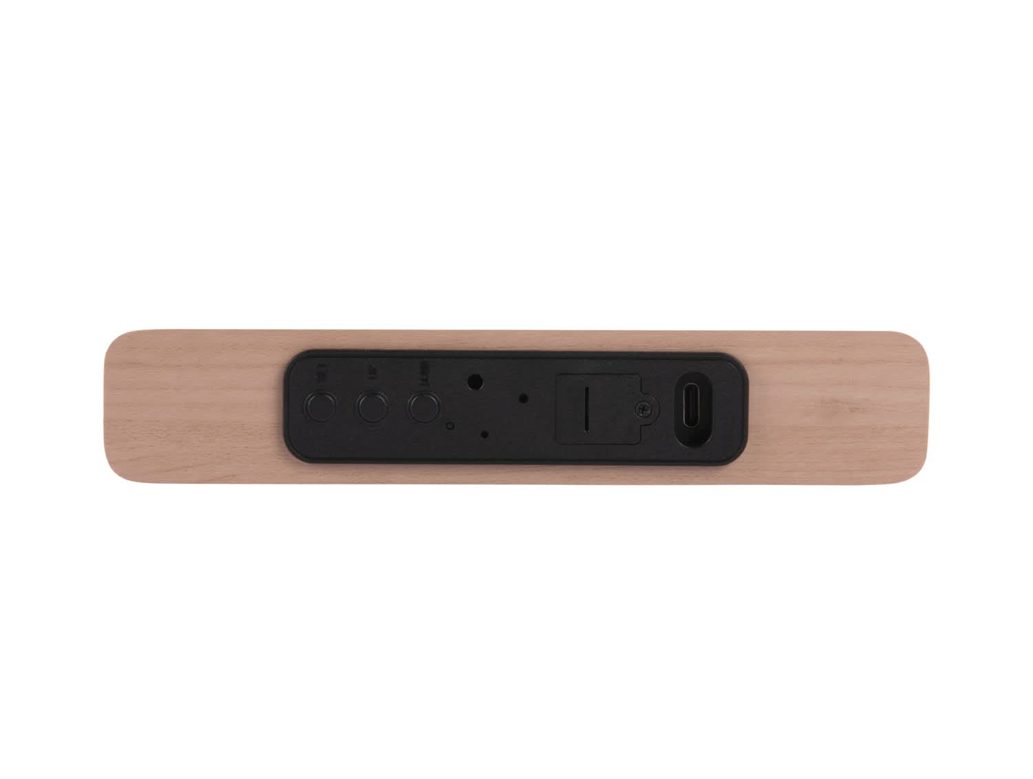 Retro LED-väckarklocka med träfront och svart kontrollpanel, USB-port och knapp