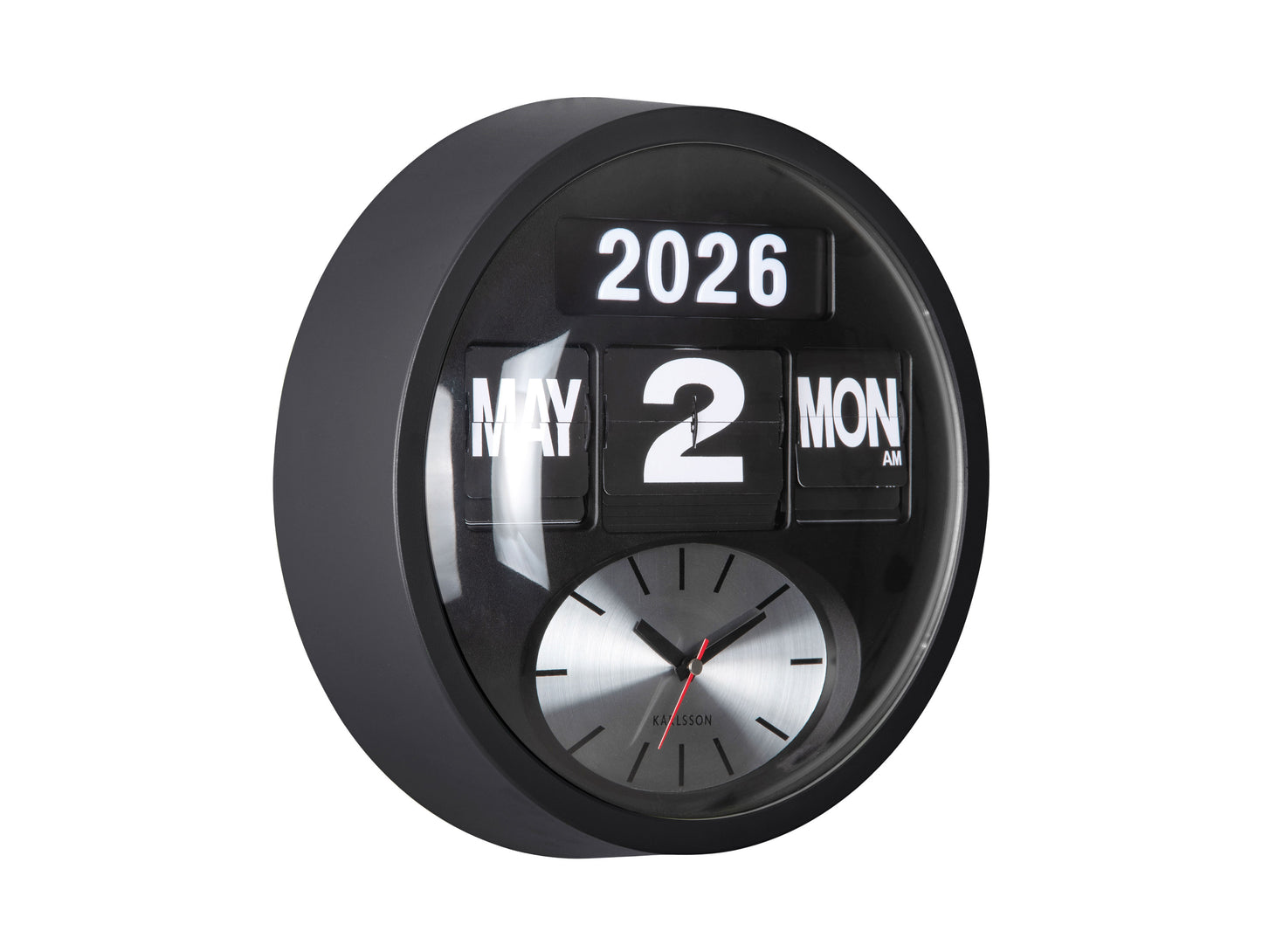 Svart väggklocka med fällbara siffror, analog urtavla och datumvisning 2026/2