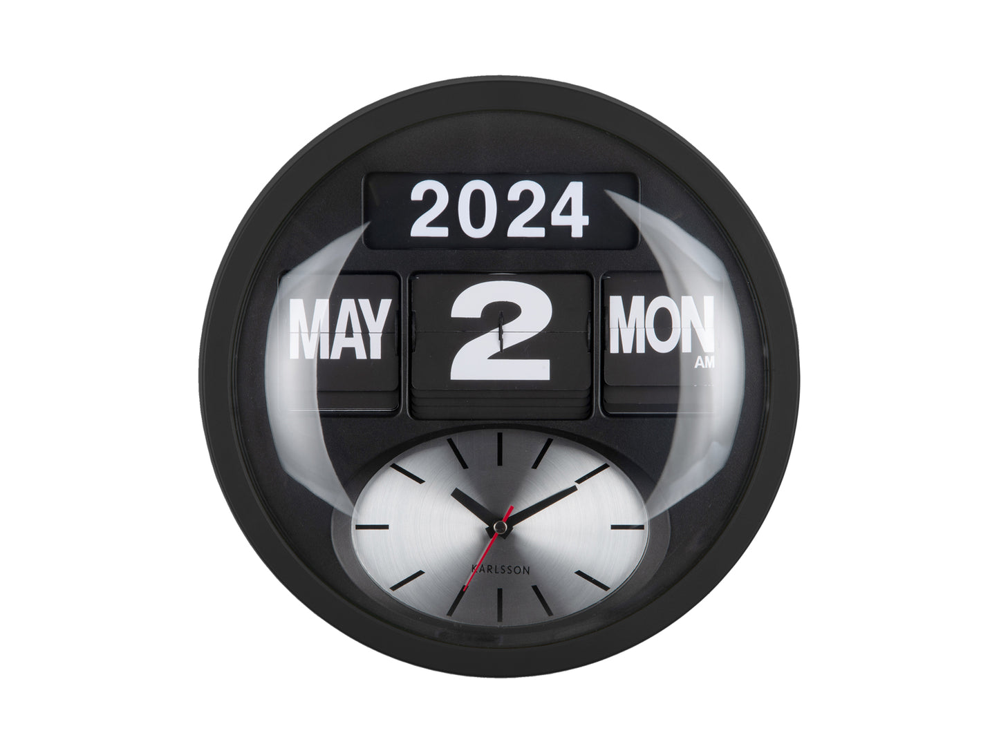 Svart väggklocka med fällbara siffror, analog urtavla och datumvisning 2024/2