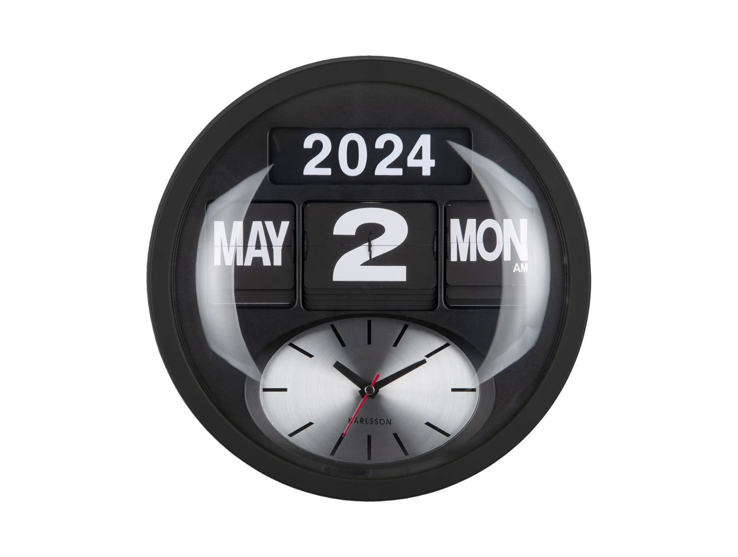 Svart väggklocka med fällbara siffror, analog urtavla och datumvisning 2024/2