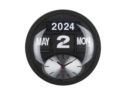 Svart väggklocka med fällbara siffror, analog urtavla och datumvisning 2024/2