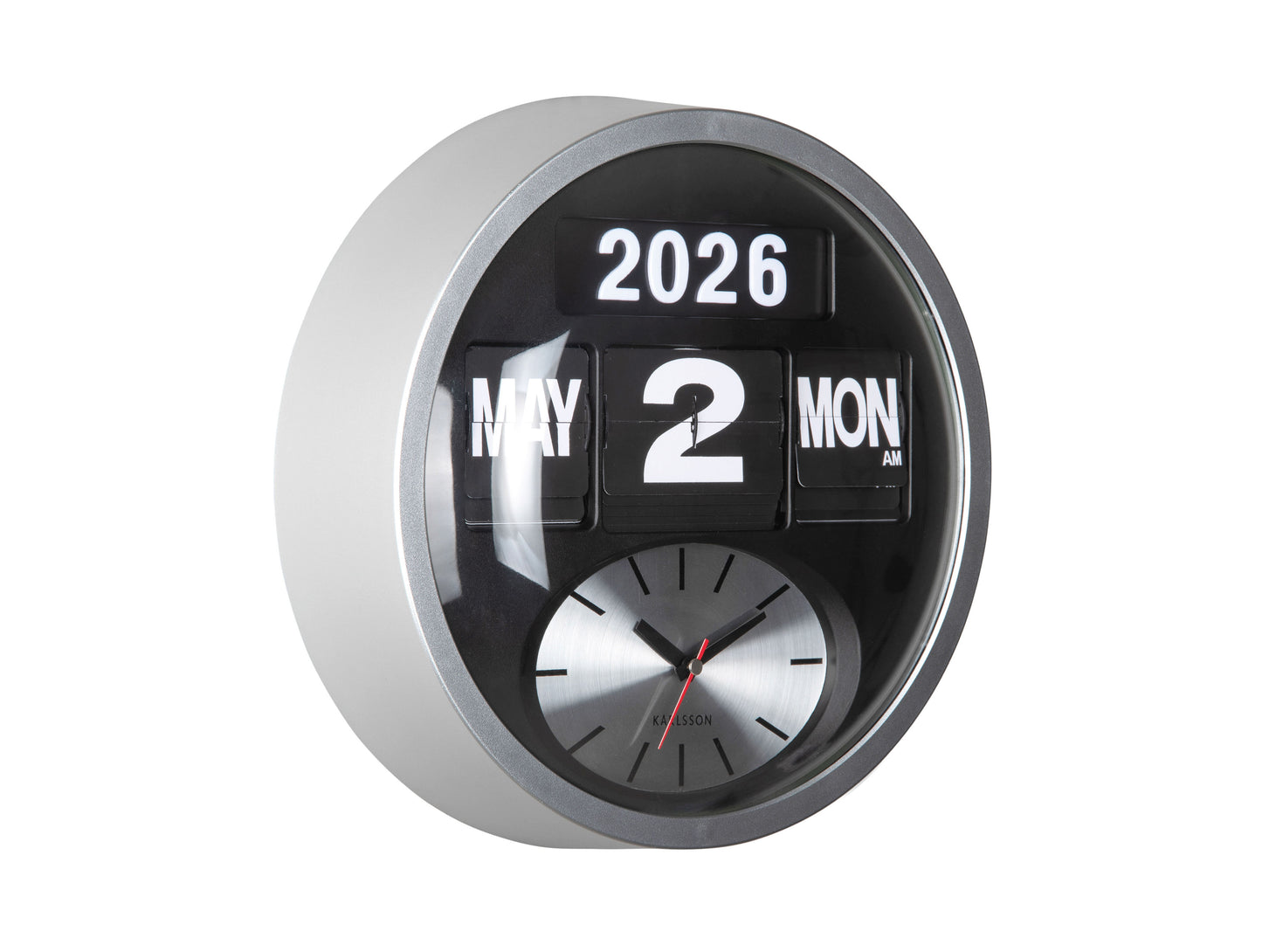 Rund väggklocka med silverfärgad ram, vikbar sifferkalender (2026/2), analog urtavla