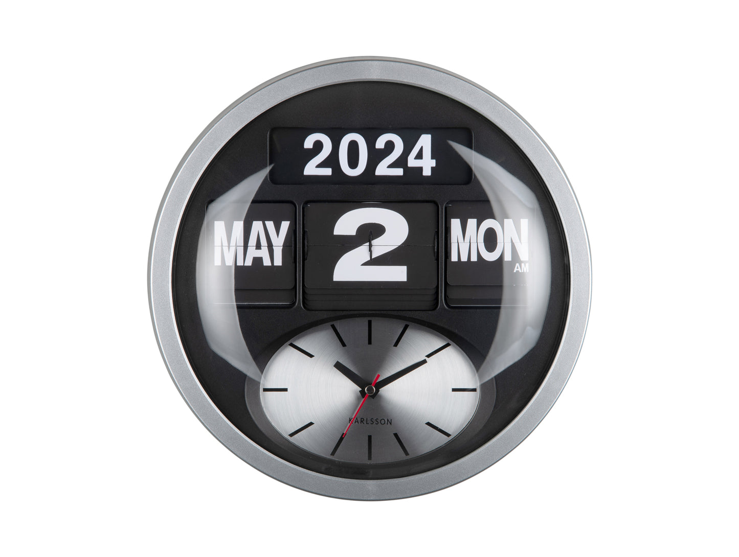 Rund väggklocka med silverfärgad ram, vikbar sifferkalender (2024/2), analoga visare