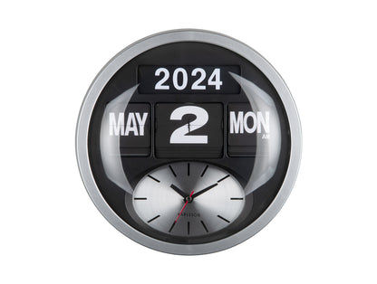 Rund väggklocka med silverfärgad ram, vikbar sifferkalender (2024/2), analoga visare