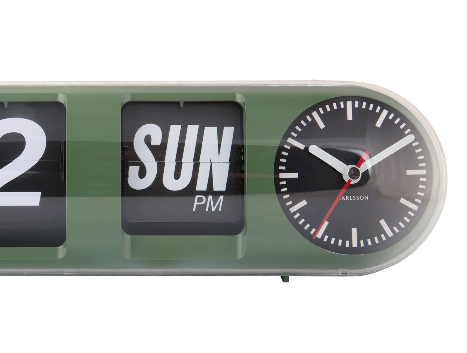 Väggklocka-detalj: Fällbara siffror "SUN"/"MAY" och analog urtavla, djungelgrön