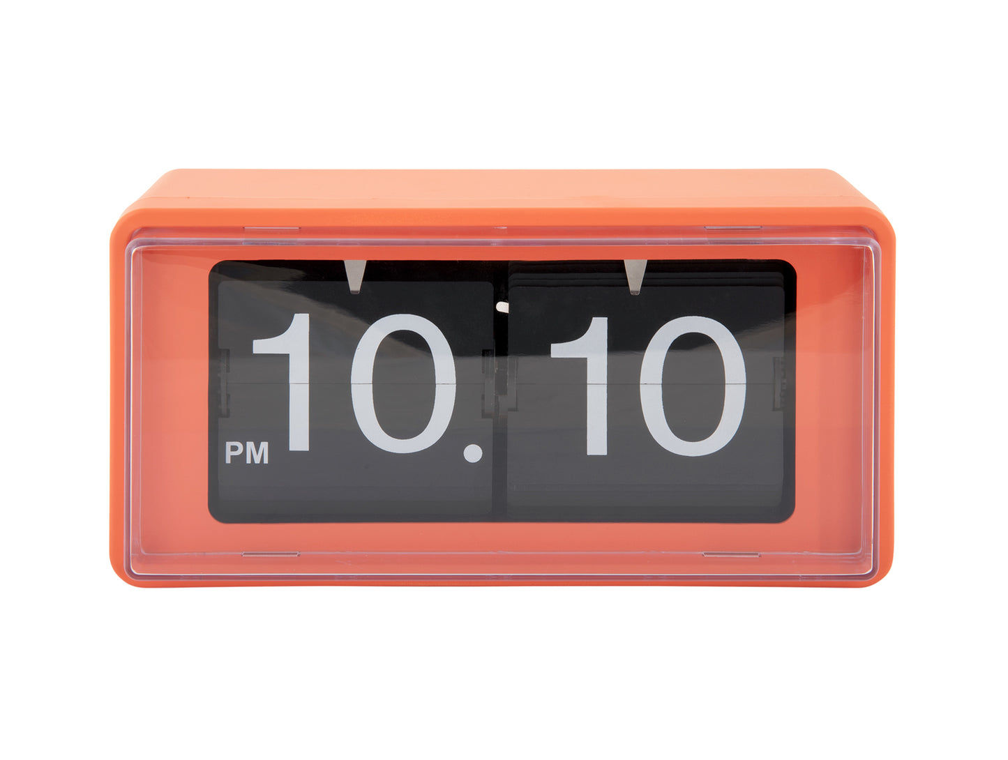 Orange retro väggklocka med flip-display, tid 10:10 PM