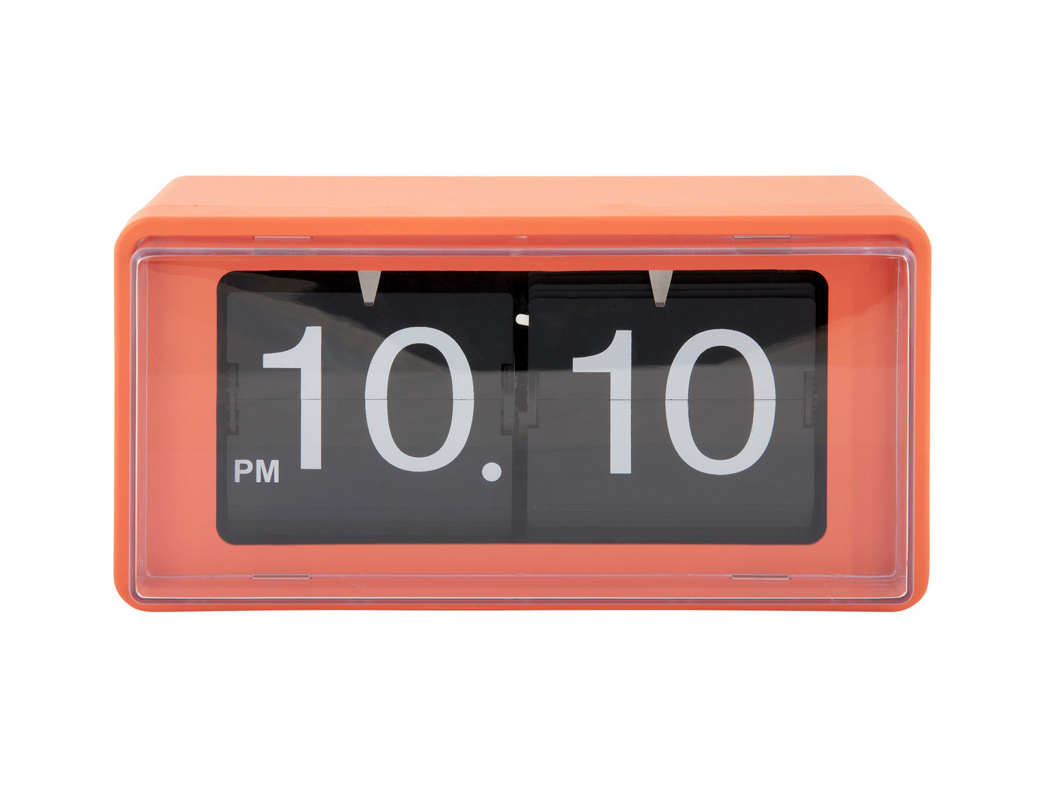 Orange retro väggklocka med flip-display, tid 10:10 PM