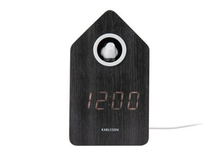 Väckarklocka i trä med LED-display, rund insats och mörk trälook