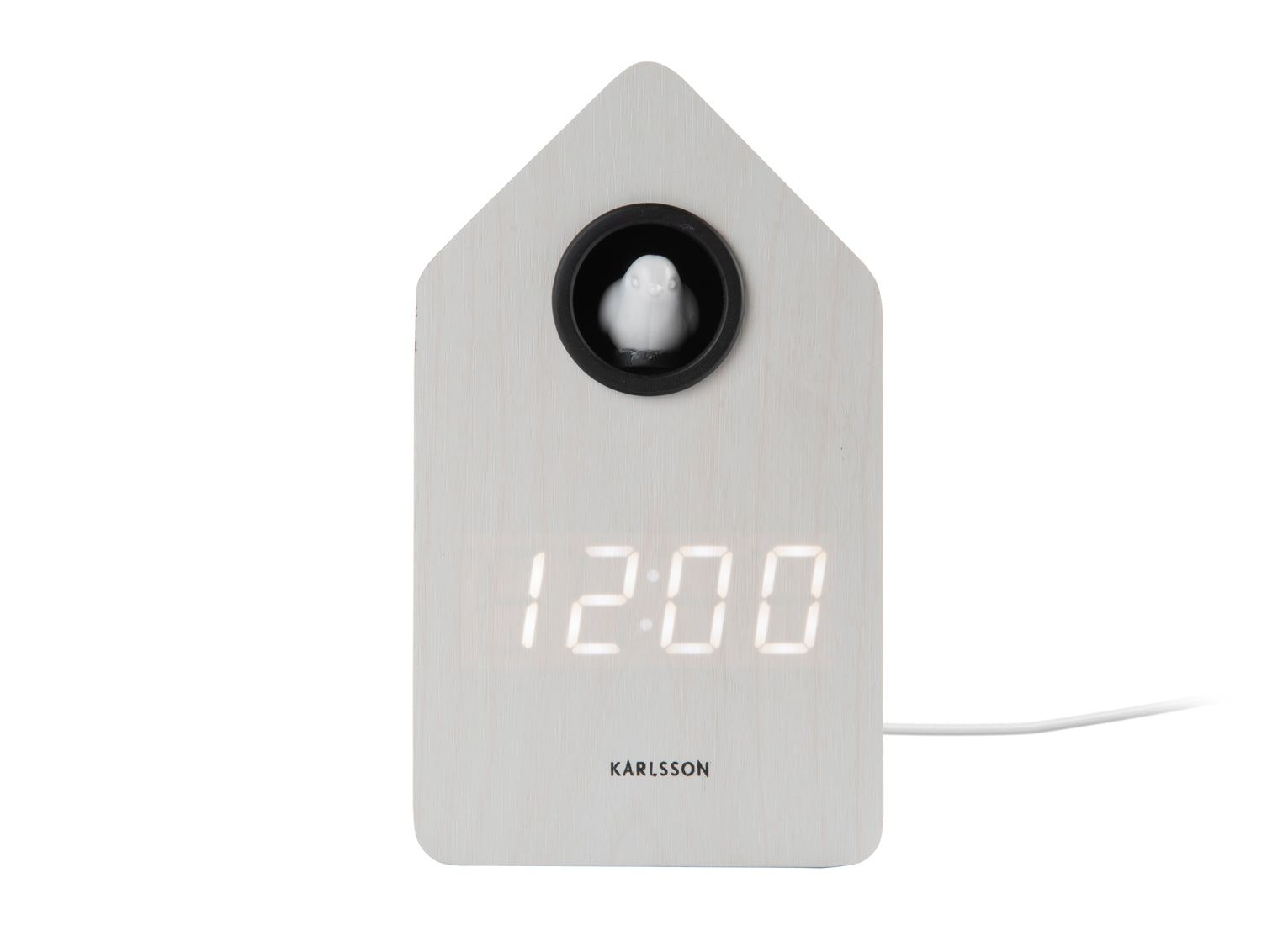 LED-gökur i trähusdesign, vit, display 12:00, cirkelformad gökurtavla