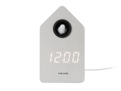 LED-gökur i trähusdesign, vit, display 12:00, cirkelformad gökurtavla
