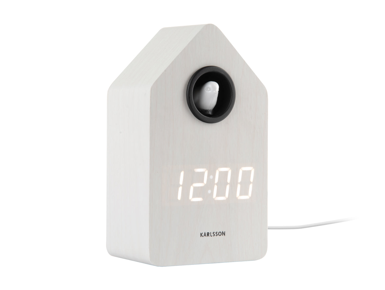 LED-gökur i trähusdesign, vit, display 12:00, gökurtur