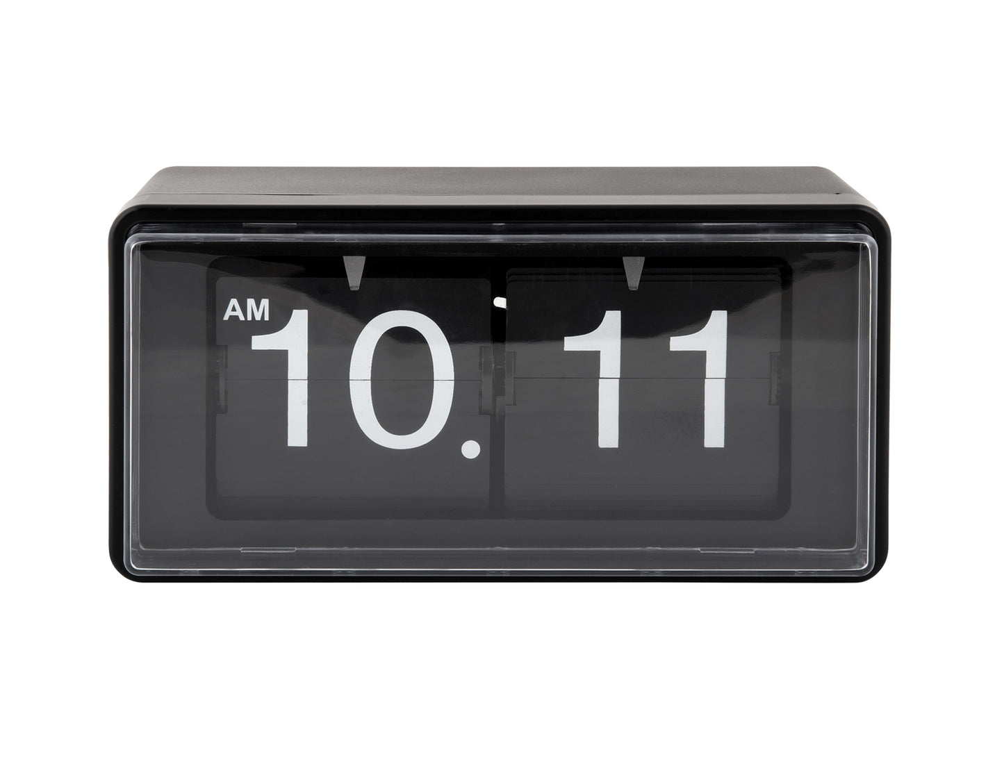 Retro väggklocka med svart ram, vikbara siffror i fönster, visning AM 10:11