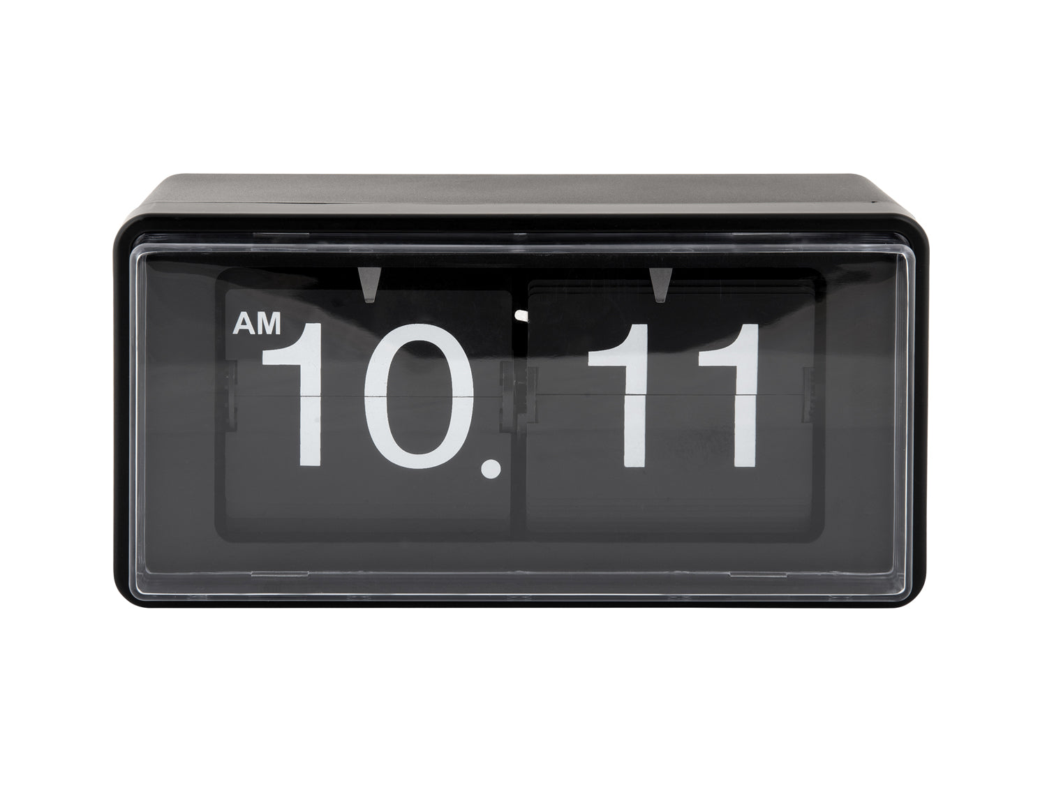 Retro väggklocka med svart ram, vikbara siffror i fönster, visning AM 10:11